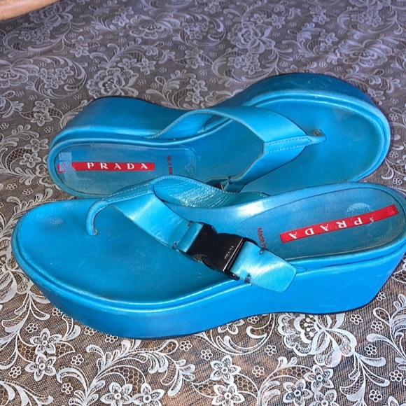 PRADA platform grayed-blue (1stpic), thong sandals, st buckles $192 - Picture 4 of 10